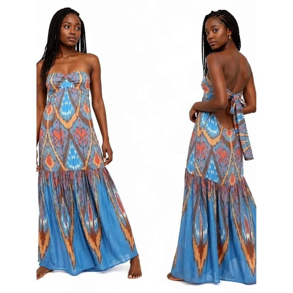 Free People Women Blue Ikat Print Strapless Open Back Tiered Maxi Dress XS